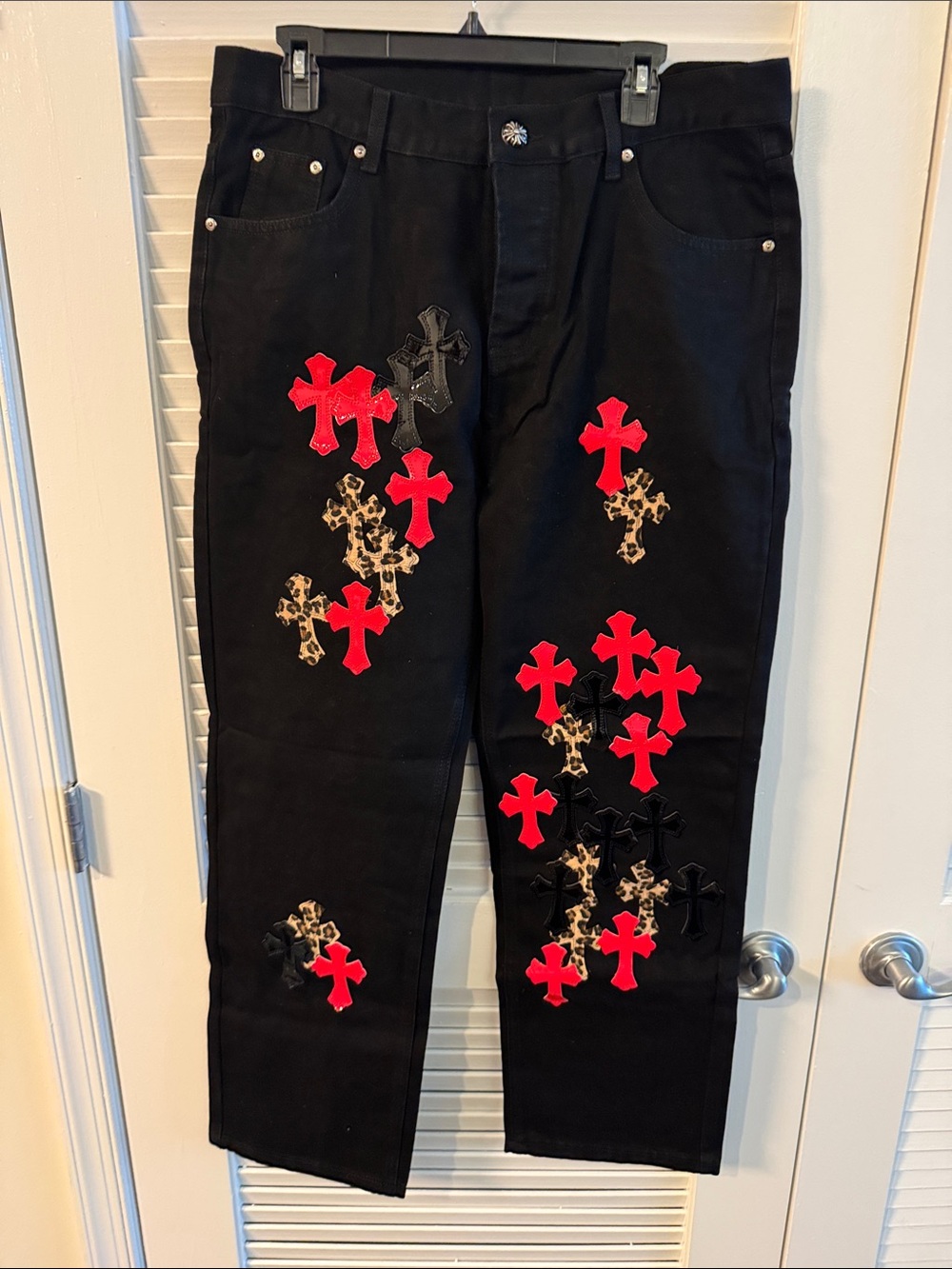 Chrome Hearts Black Panel with Glossy Black Cross and Red Leopard Script Jeans